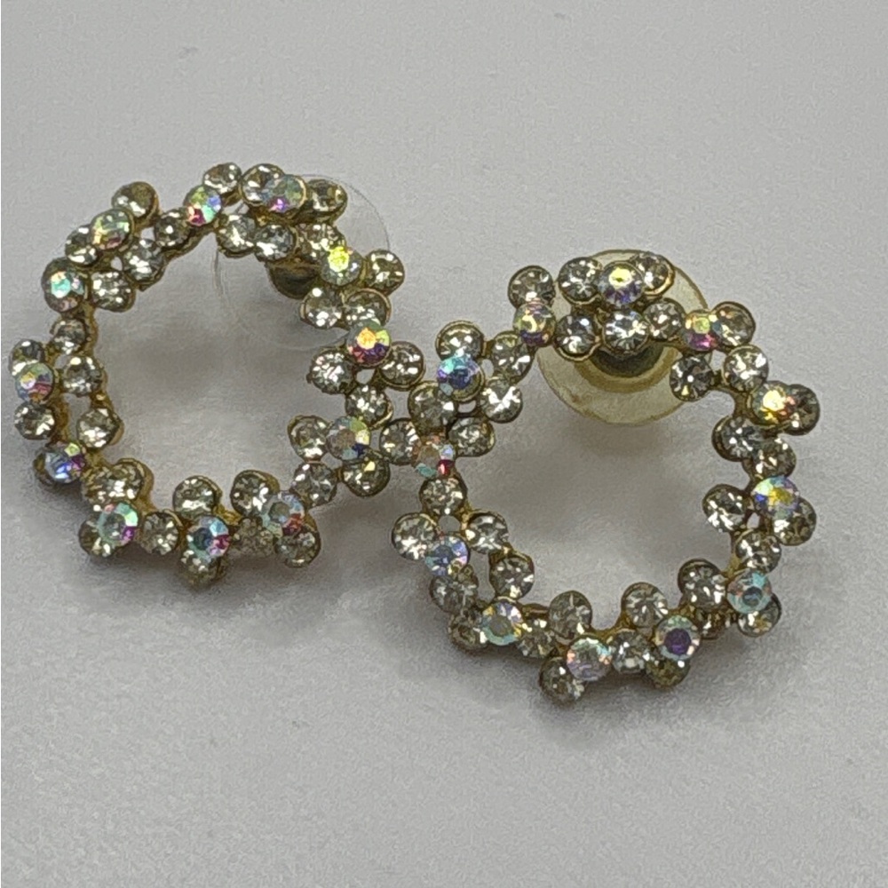 Iridescent Crystal Floral Wreath Earrings - AB Rhinestone Gold Tone Studs